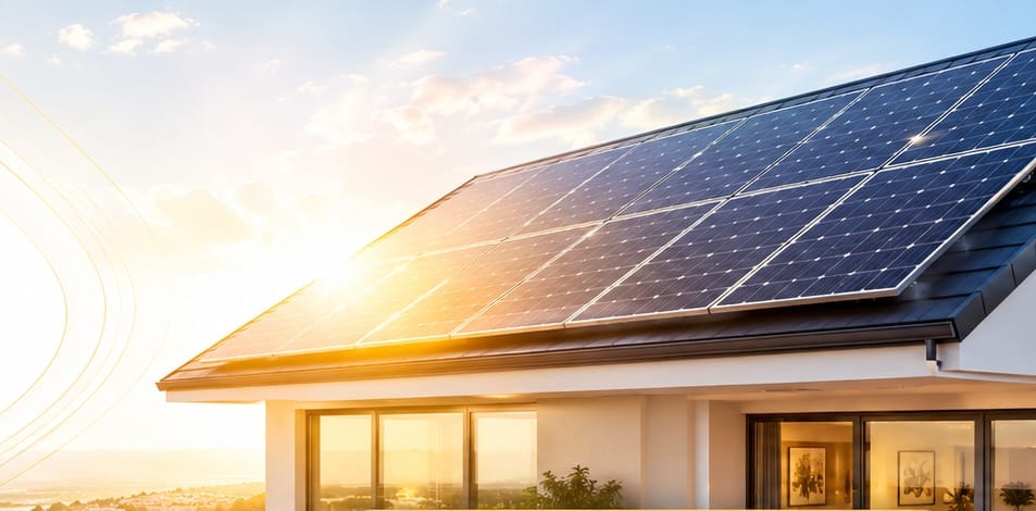 Tetto di un'abitazione con pannelli fotovoltaici al tramonto